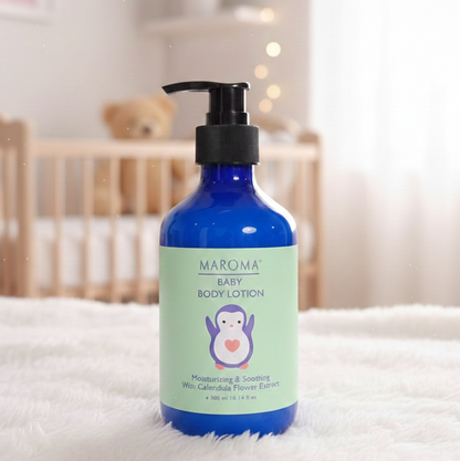 Body Lotion | For Baby (With Calendula Extract, Olive Butter, Shea Butter, Organic Olive Oil &amp; Avocado Oil) - Moisturising &amp; Nourishing - 100% Natural - Vegan, Cruelty Free, Palm Oil Free, No Parabens &amp; No Synthetic Fragrances - Maroma - 300ml