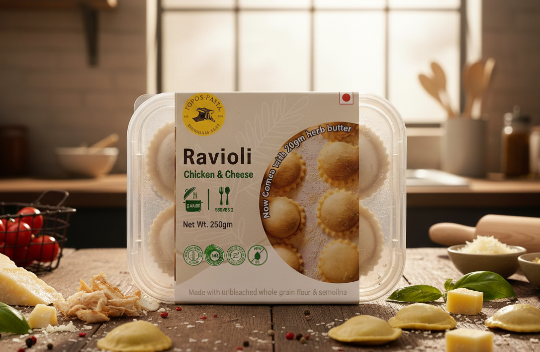 Pasta | Ravioli (Chicken &amp; Cheese) - Made With Unbleached Whole Grain Flour &amp; Semolina - Handmade - Nature’s Soul – 250gm