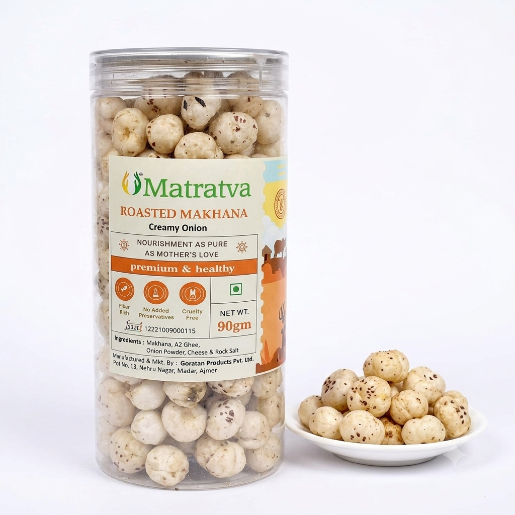 Makhana | Roasted Makhana (Creamy &amp; Onion) - Made In A2 Ghee - Premium &amp; Healthy - Made With Organic Ingredients - Healthy - Not Fried - Gluten Free, Cruelty Free, High In Fibre &amp; No Added Preservatives - Matratva - 90gm