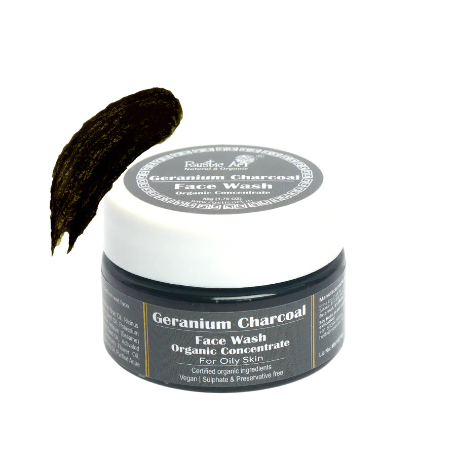 Face Wash | Geranium Charcoal (Concentrate) - For Oily Skin - Vegan, Sulphate Free & Preservative Free - Rustic Art - 125gm