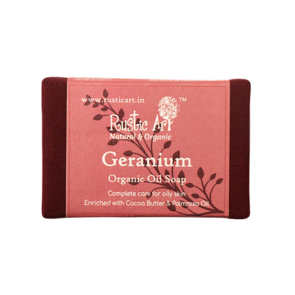 Soap | Geranium Organic Oil Soap (Enriched With Cacao Butter &amp; Palmrosa Oil) – For Oily Skin – Rustic Art – 100gm