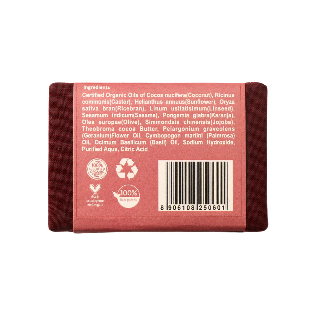Soap | Geranium Organic Oil Soap (Enriched With Cacao Butter &amp; Palmrosa Oil) – For Oily Skin – Rustic Art – 100gm