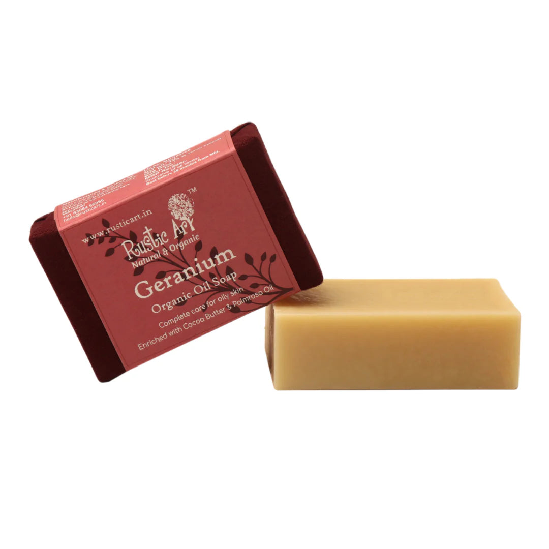 Soap | Geranium Organic Oil Soap (Enriched With Cacao Butter & Palmrosa Oil) – For Oily Skin – Rustic Art – 100gm