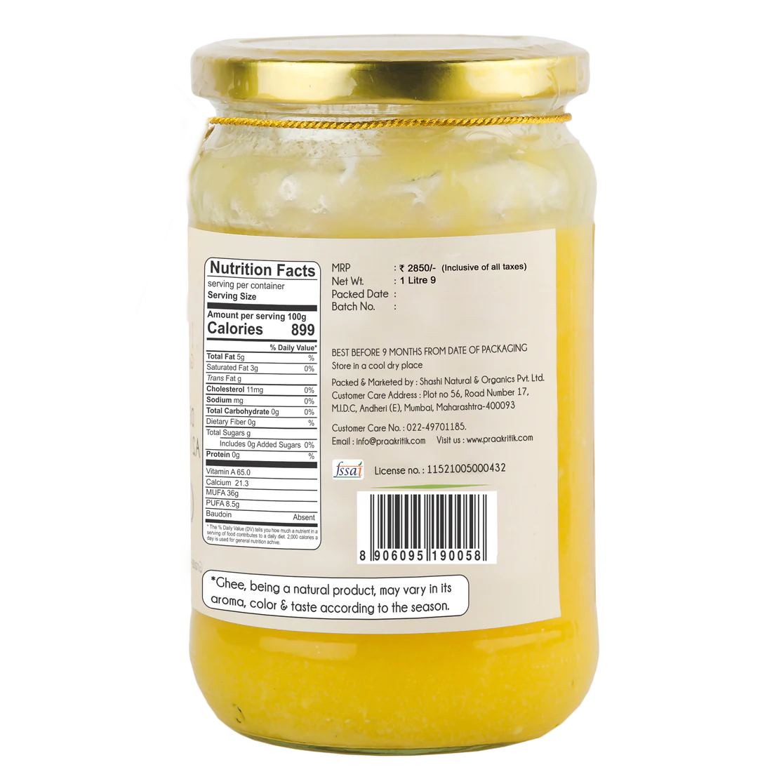 Ghee | Desi Gir Cow’s (A2 Vedic Churned) – Organic – Grass Feed, Cruelty Free, GMO Free &amp; Lactose Free – Praakritik – 1000ml