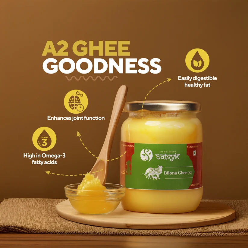 Ghee | Desi Cow (Bilona Ghee A2)- Gir Cow A2 Ghee -  Vedic Bilona Method- Curd -Churned A2 Ghee - 100% Desi Gir Cow Ghee - Grass-fed free grazing cows - Traditional ghee - Satvyk- 1000ml