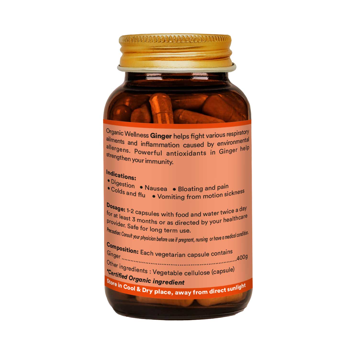 Ginger -Immune Strengthener, Stomach comfort Relief -No Artificial Additives- Organic Wellness - 90 Vegetarian Capsules
