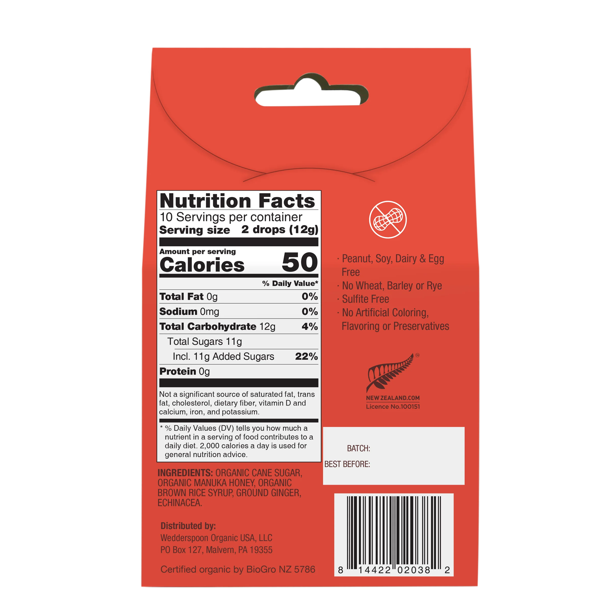 Manuka Honey Drops With Echinacea - Ginger - USDA Organic - Wedderspoon - 20 Drops (120gm)