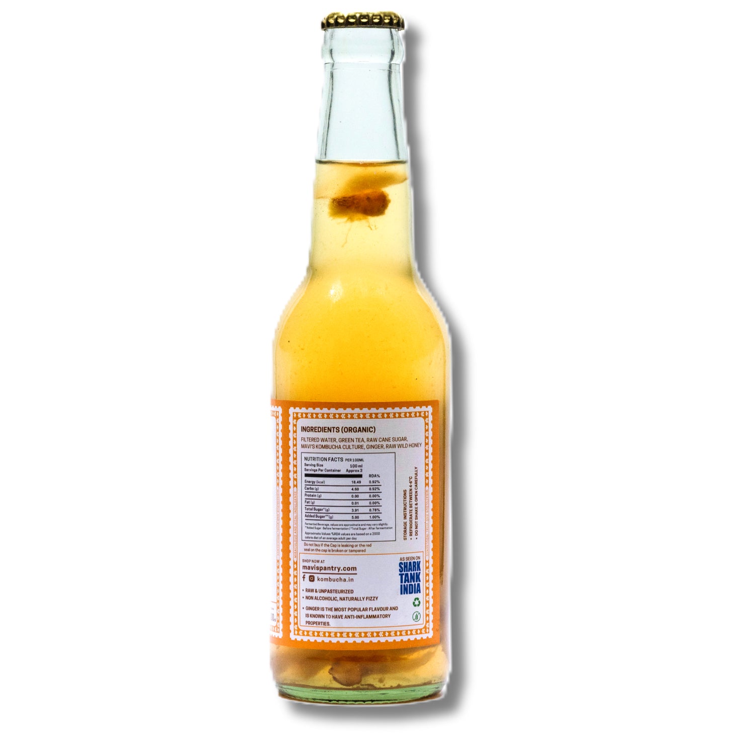 Kombucha | Ginger Honey Kombucha - Raw &amp; Unpasteurized - Non Alcoholic - No Added Flavours &amp; No Preservatives - MAVI’s - 300ml