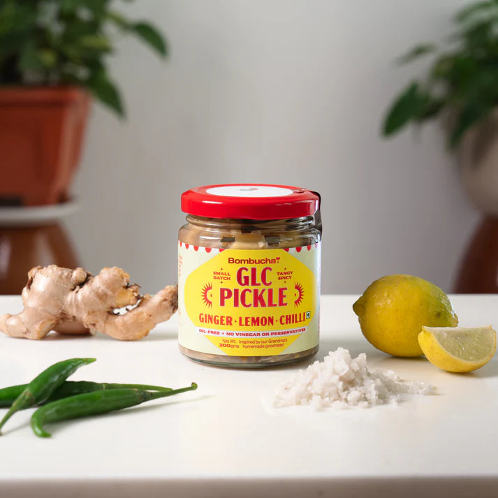 Pickle | Ginger Lemon Chilli Pickle - Guilt Free, Oil Free, No Added Preservatives &amp;amp; No Vinegar - Bombucha - 200gm