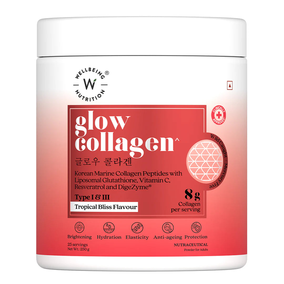 Collagen | Glow Korean Marine Collagen Peptides with Liposomal Glutathione &amp; Vitamin C-Tropical Bliss Flavour- Gluten Free, Sugar Free, Dairy Free, Keto Friendly, Soy Free &amp;amp; No Added Preservatives - Wellbeing Nutrition - 25 Serving– 250gm