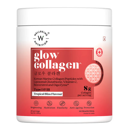 Collagen | Glow Korean Marine Collagen Peptides with Liposomal Glutathione &amp; Vitamin C-Tropical Bliss Flavour- Gluten Free, Sugar Free, Dairy Free, Keto Friendly, Soy Free &amp;amp; No Added Preservatives - Wellbeing Nutrition - 25 Serving– 250gm