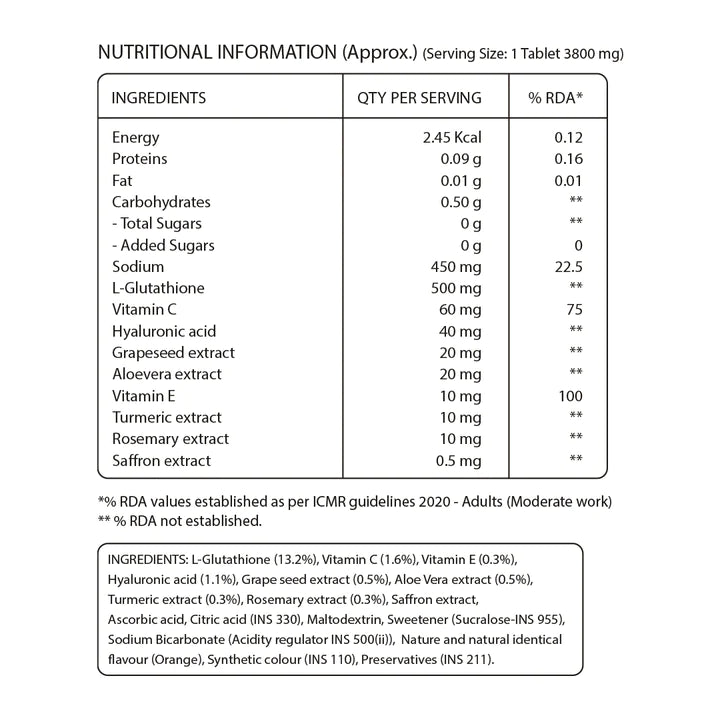 Glutathione | Beauty (With Vitamin C &amp; Saffron) – Orange Flavour – For Glowing Skin – Anti Aging Properties &amp;amp; No Added Sugar – Pure Nutrition – (500mg) – 15 Effervescent Tablets