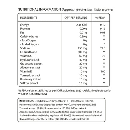 Glutathione | Beauty (With Vitamin C &amp; Saffron) – Orange Flavour – For Glowing Skin – Anti Aging Properties &amp;amp; No Added Sugar – Pure Nutrition – (500mg) – 15 Effervescent Tablets