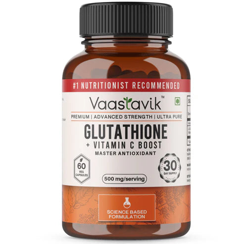 Glutathione | +Vitamin C Boost Master Antioxidant - No Added Sugar, Soy Free, Gluten Free & Non GMO - Vaastavik - 60 Veg Capsules