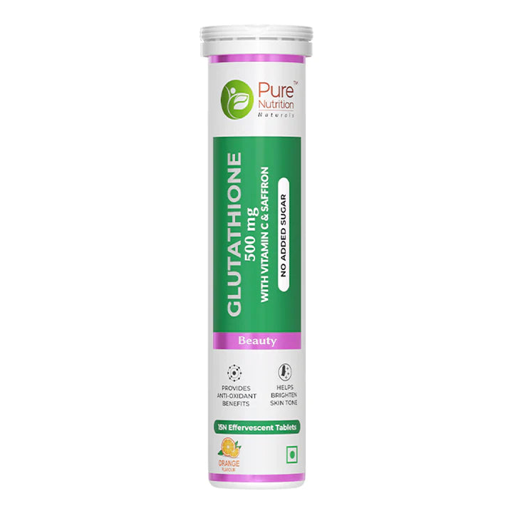Glutathione | Beauty (With Vitamin C &amp; Saffron) – Orange Flavour – For Glowing Skin – Anti Aging Properties &amp;amp; No Added Sugar – Pure Nutrition – (500mg) – 15 Effervescent Tablets