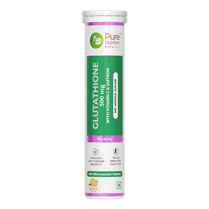 Glutathione | Beauty (With Vitamin C &amp; Saffron) – Orange Flavour – For Glowing Skin – Anti Aging Properties &amp;amp; No Added Sugar – Pure Nutrition – (500mg) – 15 Effervescent Tablets