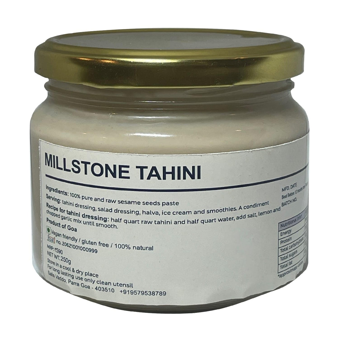 Tahini | Millstone Tahini - 100% Pure And Raw Sesame Seed Paste (Made With Grinding Stones) - 100% Natural - Vegan & Gluten Free - GOAJARS - 170gm
