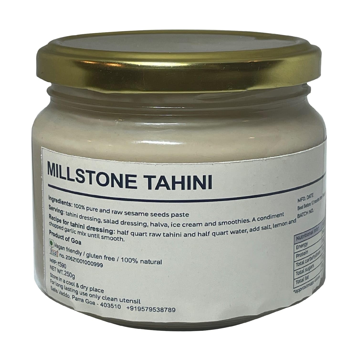 Tahini | Millstone Tahini - 100% Pure And Raw Sesame Seed Paste (Made With Grinding Stones) - 100% Natural - Vegan &amp;amp; Gluten Free - GOAJARS - 170gm