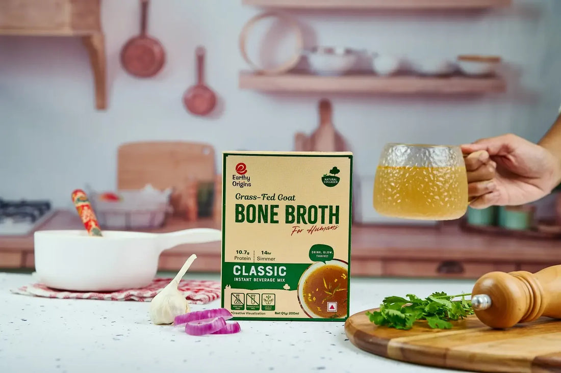 Goat Bone Broth  - Classic Instant Beverage Mix - 10.7gm Protein - 14Hr Simmer - Drink, Glow, Thrive - Non GMO Certified – Grass Fed – No Antibiotics And Hormone Free - Earthy Origins - 200ml