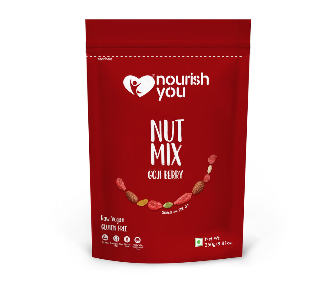 Goji Berry Nut Mix – Vegan, Gluten Free, Good Source Of Protein, Omega - 3 Ala Iron, Dietary Fibre &amp; Cholesterol Free - Nourish You – 250gm