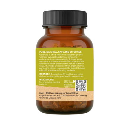 Gokshura (Boosts Testosterone) -Hormonal Balance, Vitality Enhancement, Renal Support-No Artificial Additives- Organic India - 60 Vegetarian Capsules