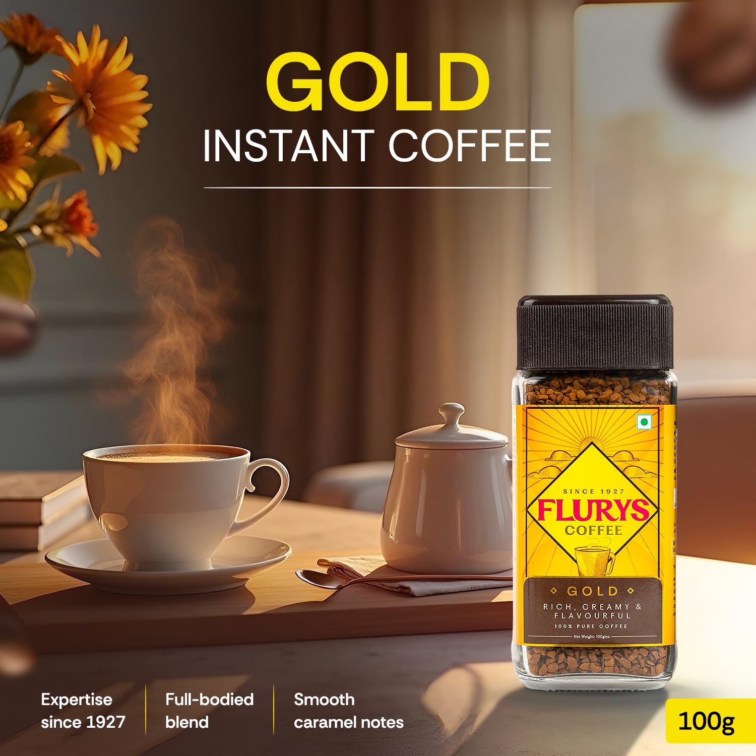 Coffee | Gold Coffee - Instant Premium Freeze Dried 100% Coffee - Rich, Creamy And Flavourful - Flurys - 50gm