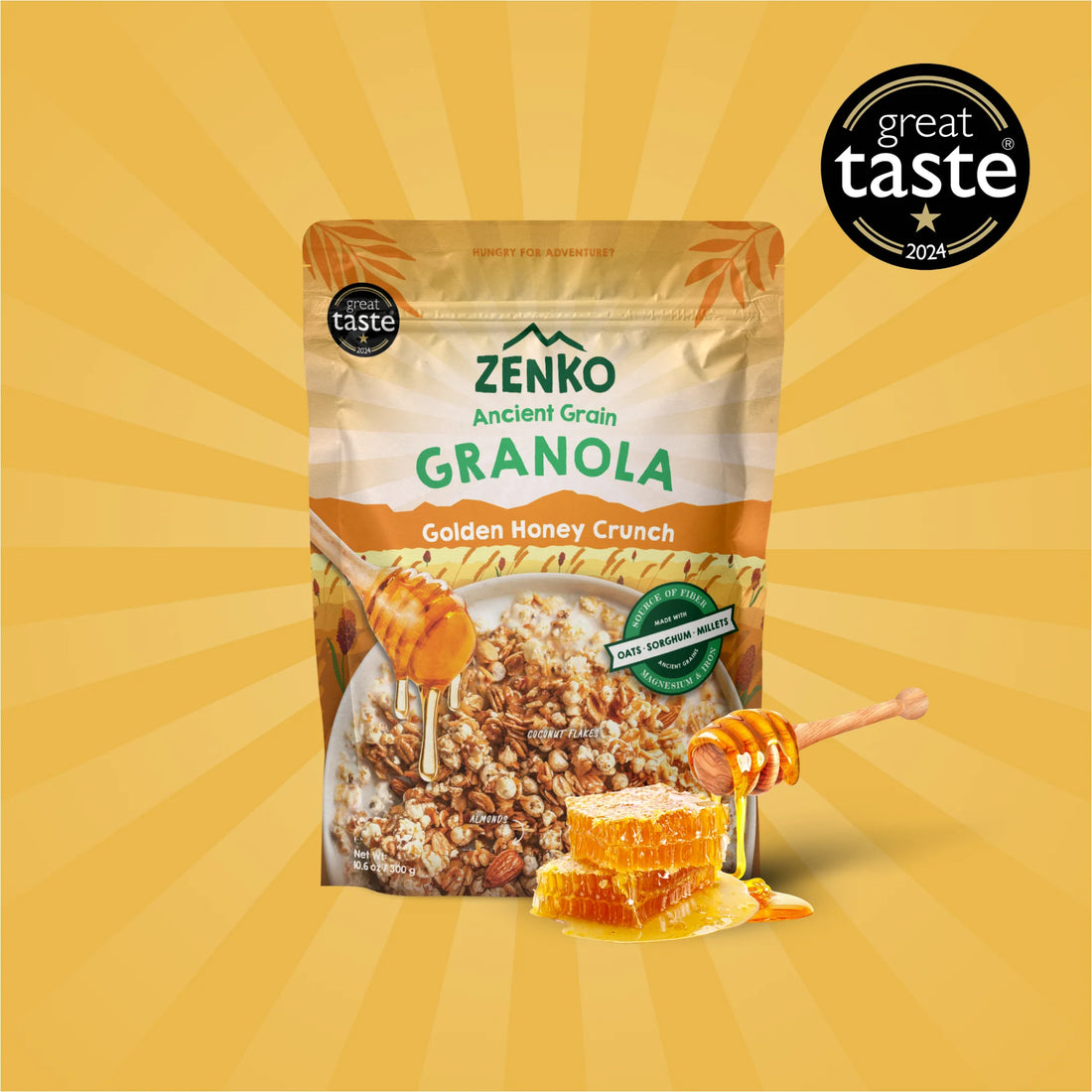 Granola | Golden Honey Crunch (Made With Oats, Sorghum Millets) - 11% Protein Per 100gm - Plant Based - Gluten Free, High In Fiber, Magnesium And Iron - Zenko - 300gm