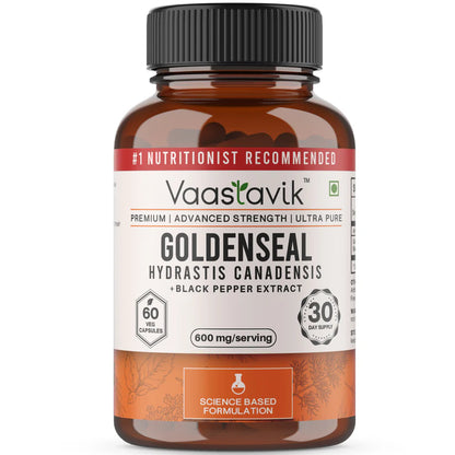 Goldenseal Root Capsules | Goldenseal Hydrastis Canadensis + Black Pepper Extract - Soy Free, Gluten Free, No Added Sugar &amp; Non GMO - Vaastavik - 600 mg/serving - 60 Capsules