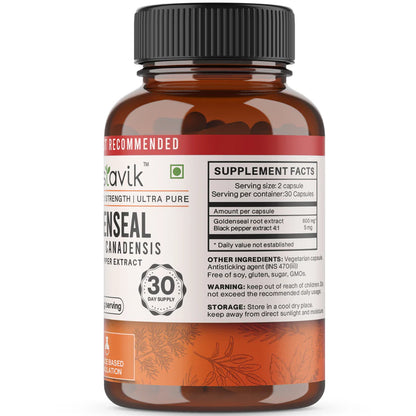 Goldenseal Root Capsules | Goldenseal Hydrastis Canadensis + Black Pepper Extract - Soy Free, Gluten Free, No Added Sugar &amp; Non GMO - Vaastavik - 600 mg/serving - 60 Capsules