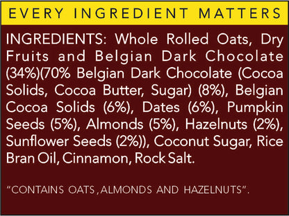 Granola | Belgian Dark Chocolate - 34% Dry Fruits, Vegan, Gluten Free, No preservatives &amp; No Additives - The Nibble Box - 500gm