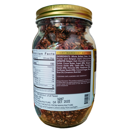 Granola | Belgian Dark Chocolate - 34% Dry Fruits, Vegan, Gluten Free, No preservatives &amp; No Additives - The Nibble Box - 500gm