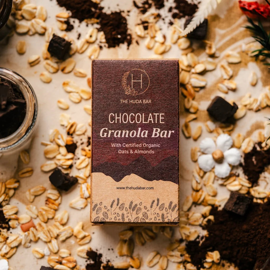 Bar | Chocolate - Granola Bar (With Certified Organic Oats &amp; Almonds) - Vegan, Gluten Free &amp; No Added Additives - The Huda Bar - 45gm