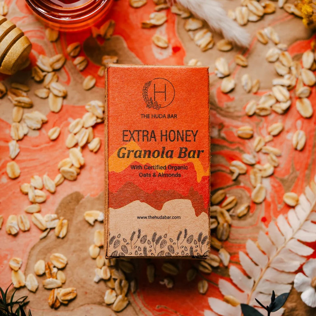 Bar | Extra Honey - Granola Bar (With Certified Organic Oats &amp; Almonds) - Vegan, Gluten Free &amp; No Added Additives - The Huda Bar - 45gm