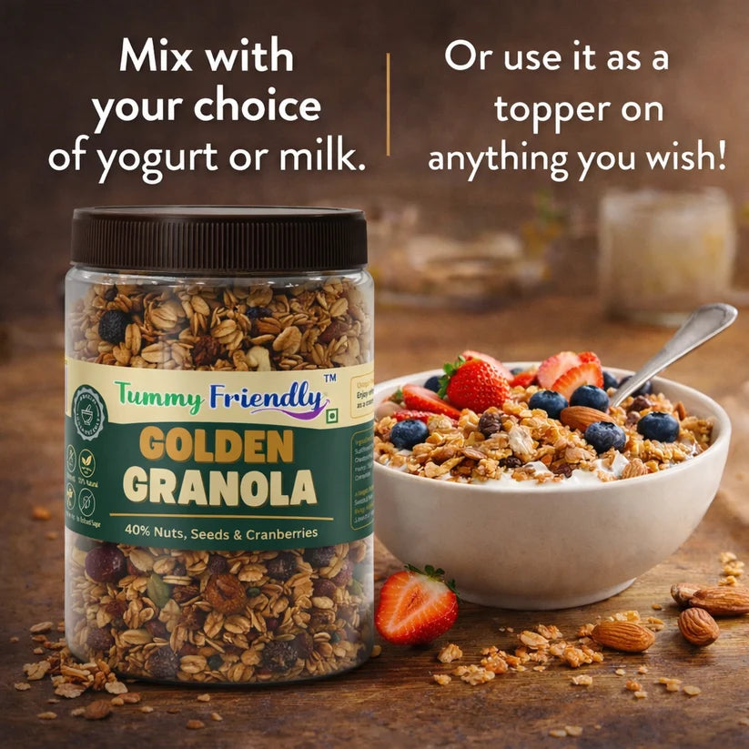 Granola | Golden Granola (40% Nuts, Seeds, &amp; Cranberries )-100% Natutral  -No Palm Oil,  No Added Refined Sugar, Zero Trans Fats - Tummy Friendly - 400gm