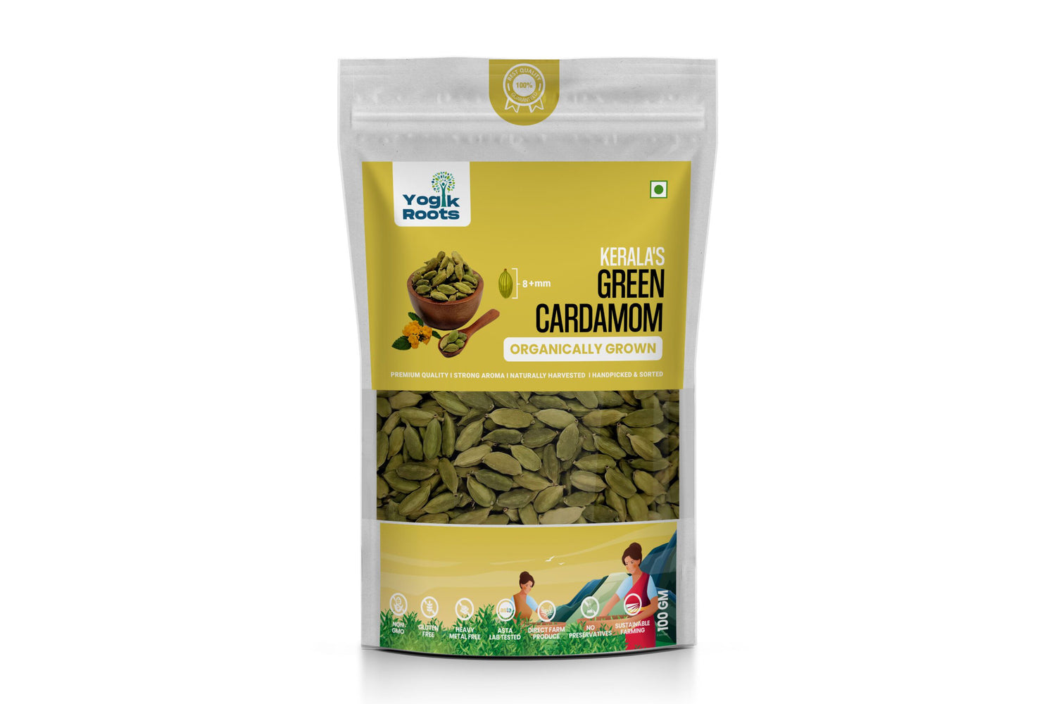 Green Cardamom | Kerala - Organically Grown - Strong Aroma - Naturally Harvested - Gluten Free, Non Gmo, Residue Free &amp;amp; No Added Preservatives - Yogik Roots - 100gm