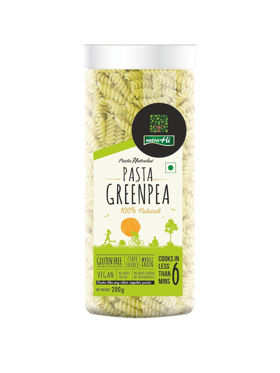 Pasta | Green Pea - Vegan, Gluten Free, No Maida, No Wheat, No Added Color, Flavours & Preservatives Free - NutraHi - 200gm