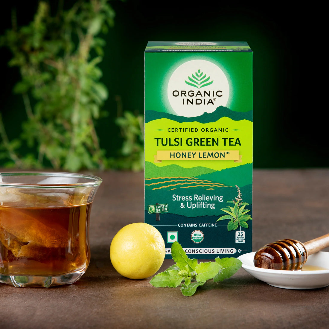 Tea | Tulsi Green Tea (Honey Lemon) - Contains Caffeine - Stress Relieving & Uplifting - USDA Organic - Organic India - 25 Tea Bag