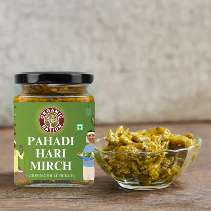 Pickle | Pahadi Hari Mirch (Green Chilli Pickle) - 100% Homemade - No Added Preservatives - Organic Nation - 250gm