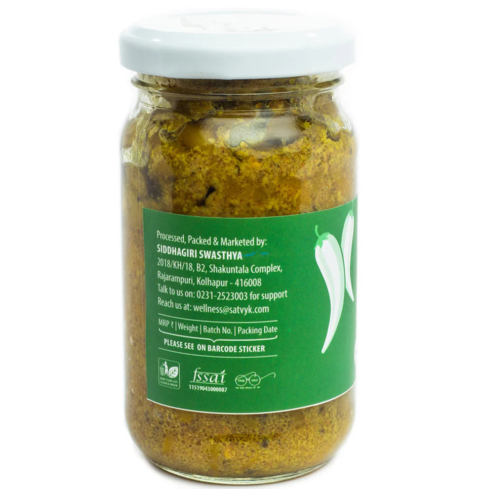 Pickle | Green Chilli Pickle - Spicy Pungent And Yummy - Organic - Wood Pressed Oil - Satvyk - 200gm