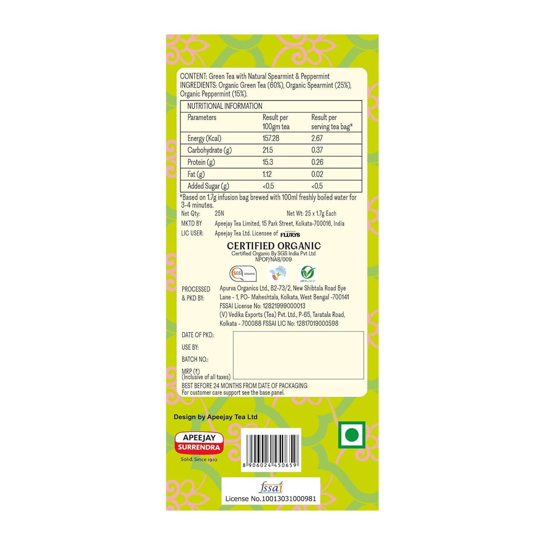 Green Tea, Moroccan Mint - USDA Organic - Flurys -  25Tea Bags