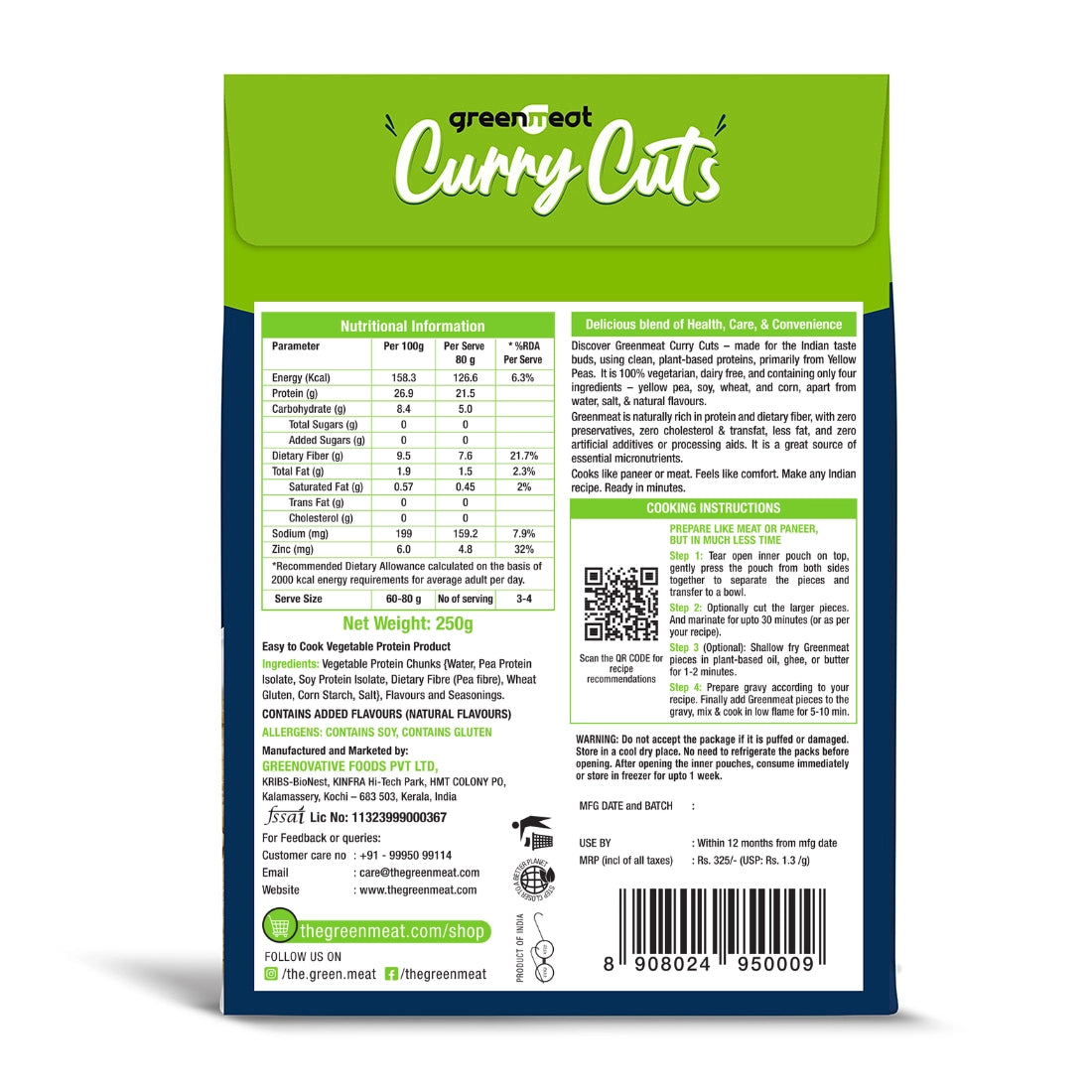Curry Cuts - 100% Pant Based - Easy To Cook- 27% Heigh Protein, Rich Fibers  – Vegetarian &amp; Dairy Free – No Added Preservatives, No Cholestrol, No Trans Fat –Greenmeat – (3-4 Serving) – 250gm