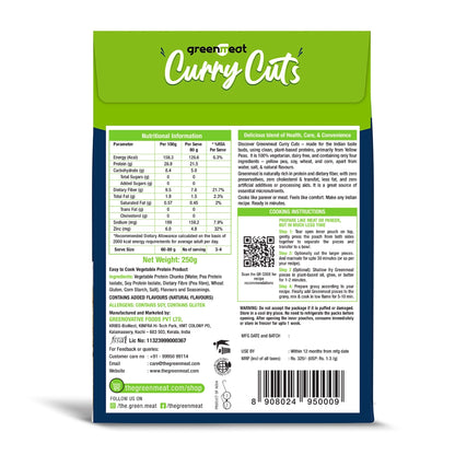 Curry Cuts - 100% Pant Based - Easy To Cook- 27% Heigh Protein, Rich Fibers  – Vegetarian &amp; Dairy Free – No Added Preservatives, No Cholestrol, No Trans Fat –Greenmeat – (3-4 Serving) – 250gm