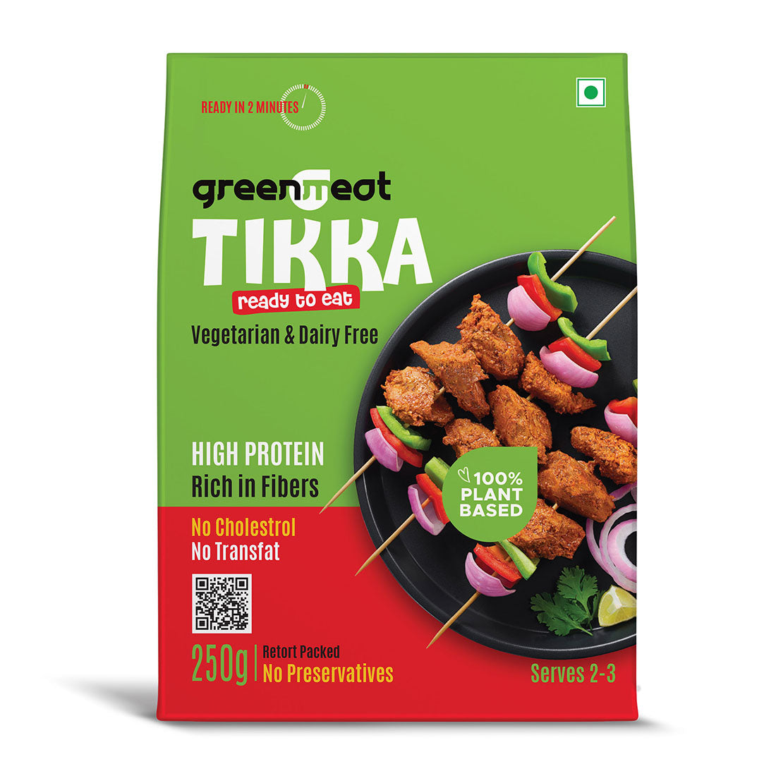 Tikka -100% Pant Based - Easy To Cook, Ready To Eat - Heigh Protein, Rich Fibers – Vegetarian &amp; Dairy Free – No Added Preservatives, No Cholestrol, No Trans Fat –Greenmeat – (2-3 Serving) – 250gm