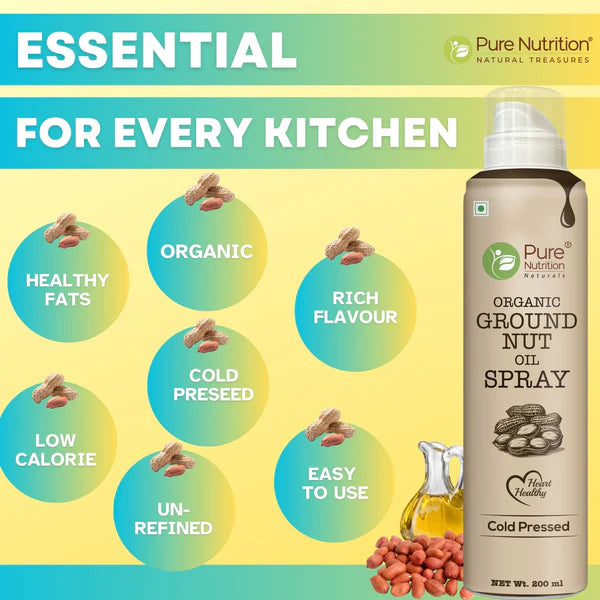 Groundnut Oil | Groundnut Oil Spray - Ideal For Grilling, Sautéing &amp;amp; Low Calorie Cooking - Supports Heart Health - 100% Pure – Cold Pressed – Pure Nutrition – 200ml