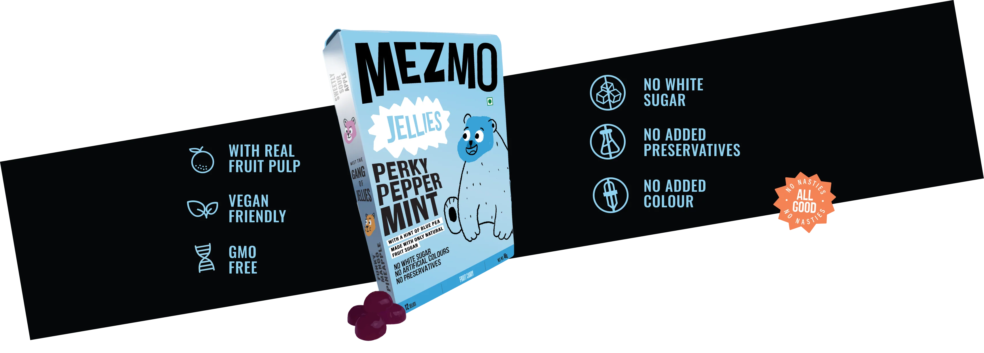 Fruit Gummies Candy | Perky Peppermint (Made With Blue Pea) - Natural - Vegan, Gluten Free, GMO Free, No White Sugar, No Added Preservatives &amp;amp; No Added Colors - Mezmo - 36gm