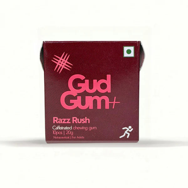 Chewing Gum - Razz Rush Chewing Gum -Energy &amp; Focus Chewing Gum (Contains Natural Caffeine)- Natural - Vegan, Sugar Free &amp; Plastic Free - Gud Gum - 20gm (10pcs)