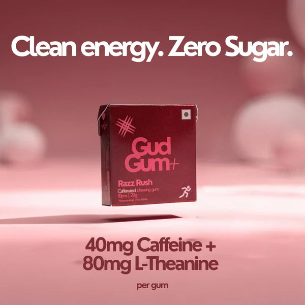 Chewing Gum - Razz Rush Chewing Gum -Energy &amp; Focus Chewing Gum (Contains Natural Caffeine)- Natural - Vegan, Sugar Free &amp; Plastic Free - Gud Gum - 20gm (10pcs)