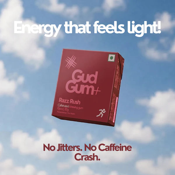 Chewing Gum - Razz Rush Chewing Gum -Energy &amp; Focus Chewing Gum (Contains Natural Caffeine)- Natural - Vegan, Sugar Free &amp; Plastic Free - Gud Gum - 20gm (10pcs)