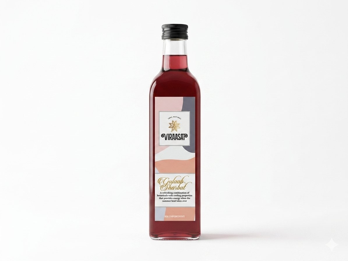 Sharbat | Gulaab Sharbat- Rose Syrup Concentrate - 100% Natural - No Added Preservatives, GMO Free, Chemical Free - Viraasat - 650ml