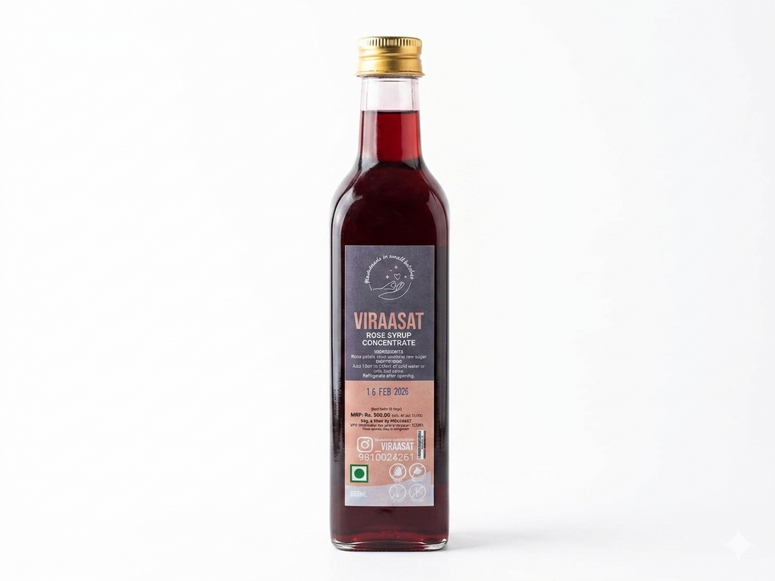 Sharbat | Gulaab Sharbat- Rose Syrup Concentrate - 100% Natural - No Added Preservatives, GMO Free, Chemical Free - Viraasat - 650ml